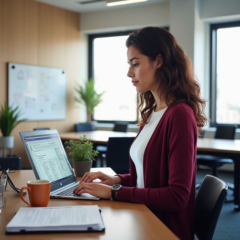 Administrator working on laptop with consortium management documents