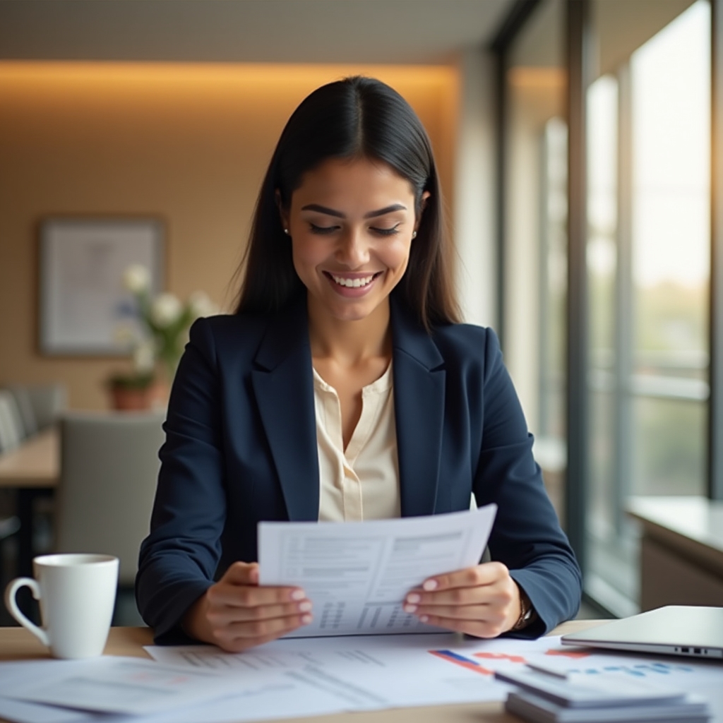 Professional consortium administrator reviewing documents in modern office setting