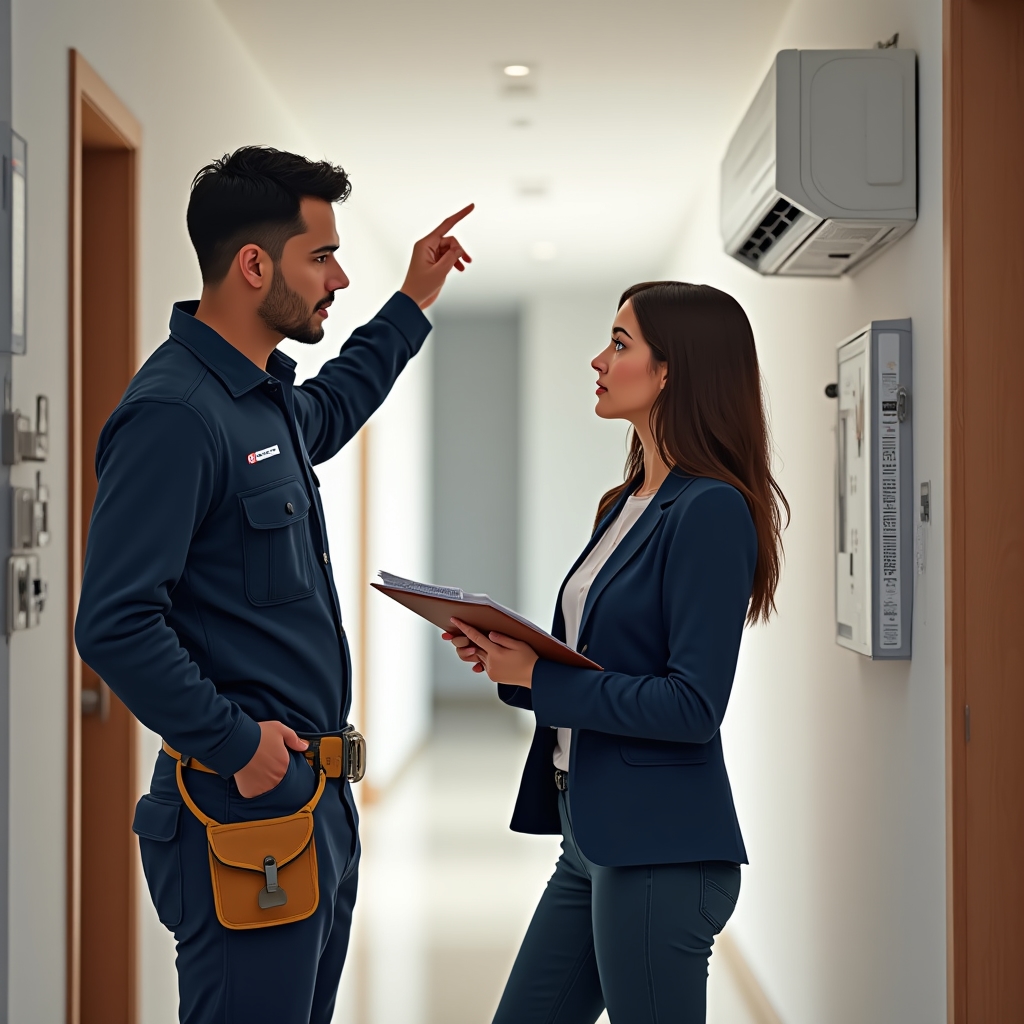 Maintenance provider conducting building inspection with administrator