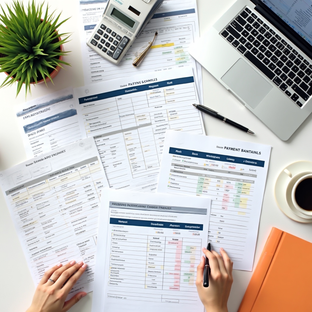 Payment tracking documents and financial records organized on desk
